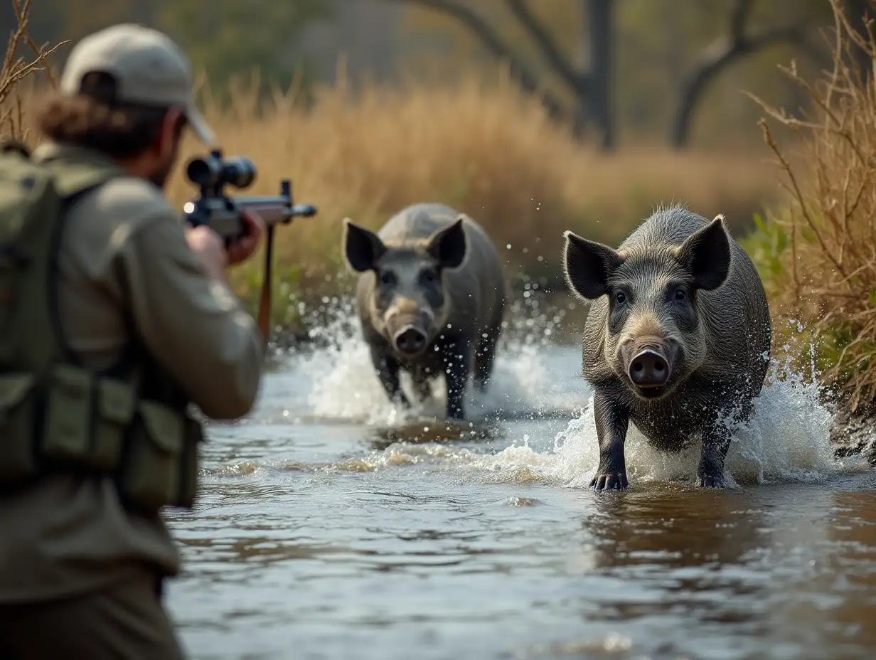 wild pigs crossing river and hunter aiming with a rifle