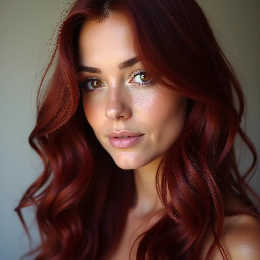 Brown eyes, garnet colored hair, long hairstyle