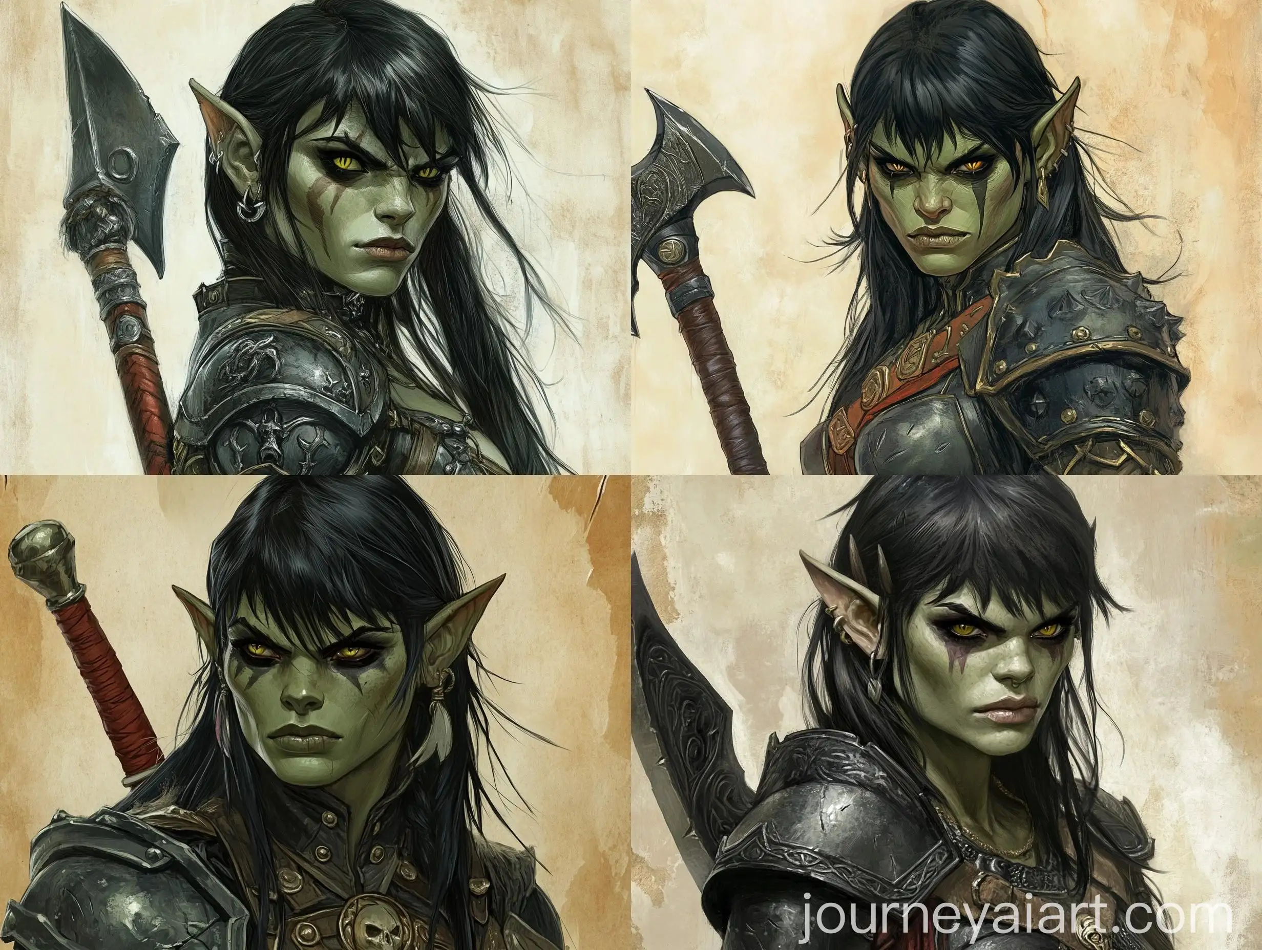 Fantasy-HalfOrc-Female-Fighter-in-Black-Plate-Armor-with-Greataxe