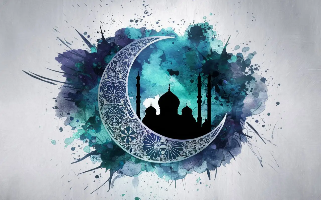 Elegant-Crescent-Moon-with-Intricate-Floral-Patterns-and-Mosque-Silhouette-in-Blue-Watercolor-Splash