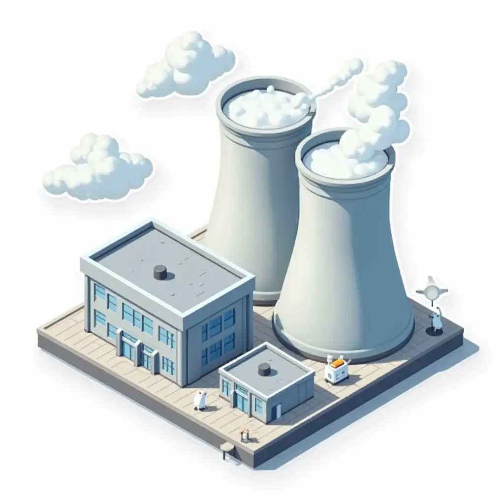 isometric vector sticker:  two industrial buildings of silver color with cylindrical roofs on top, behind them 3 large cooling towers of light gray-silver color, clouds rise from the cooling towers. There are small white cats in office clothes nearby. The overall image mimics the appearance of a cut-out laminated sticker, the sticker is bright in the anime style. The overall image mimics the appearance of a cut-out laminated sticker, the sticker is bright in the anime style.  die cut sticker design top-view, high resolution, vector art,  white background, paint in anime style