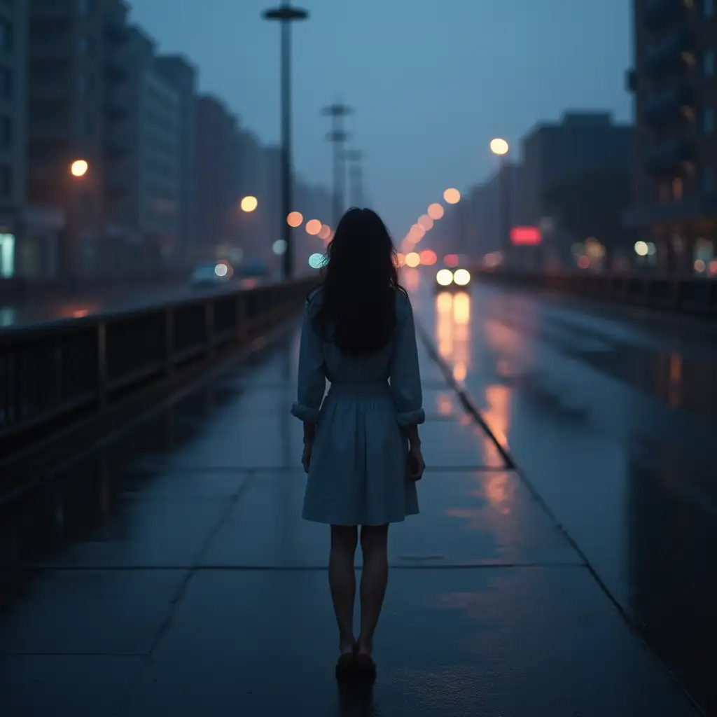 A hauntingly beautiful image that captures the themes of self-doubt, perseverance, and transformation. Here's a possible idea:nnImage: A solo female figure standing at the edge of a cityscape at dusk or dawn, with a mix of dark and light tones. The city lights are reflected in the wet pavement, symbolizing the struggle to find hope in darkness.nnThe figure could be facing away from the viewer, looking out at the city, with their arms outstretched or clenched in determination. This pose would convey a sense of vulnerability, resilience, and longing.nnIn the background, the cityscape could be blurred or faded, with the figure in sharp focus, emphasizing their emotional journey. The color palette could be muted, with shades of blue, purple, and grey dominating the image, evoking a sense of melancholy and contemplation.nnOverall, the image should evoke a sense of introspection, self-discovery, and hope, capturing the essence of the song's themes and emotions.