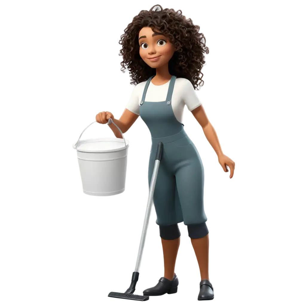 Woman-Cleaning-with-Curly-Hair-and-Beautiful-Bucket-PNG-Image-for-Versatile-Usage