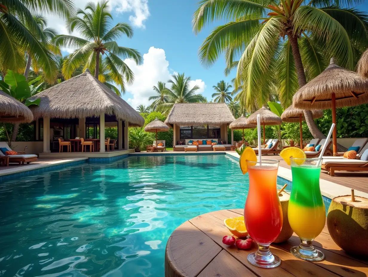 Vibrant Hawaiian Pool Party with Palm Trees and Tropical Drinks