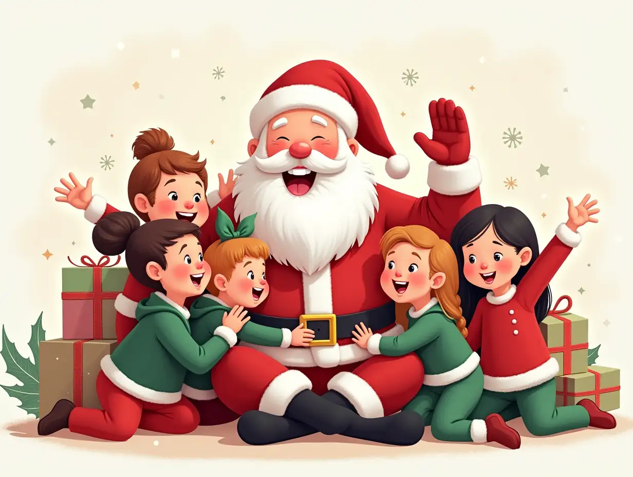 Santa-Claus-Waving-with-Children-and-Christmas-Presents-in-Festive-Holiday-Atmosphere