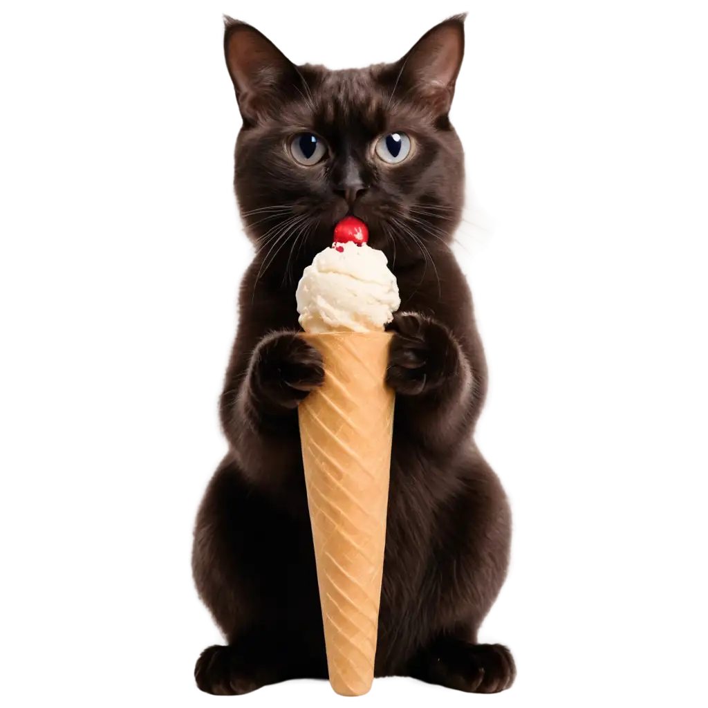 Comic-Style-PNG-Image-of-a-Cat-Eating-Ice-Cream-Like-a-Human-Fun-and-Whimsical-Digital-Artwork