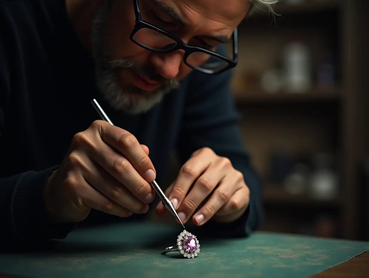 Expert jeweler working meticulously on a precious gemstone in a workshop setting