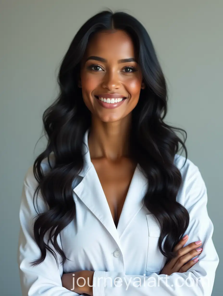 Smiling-Female-Pharmacist-with-Long-Flowing-Black-Hair-and-Dark-Skin