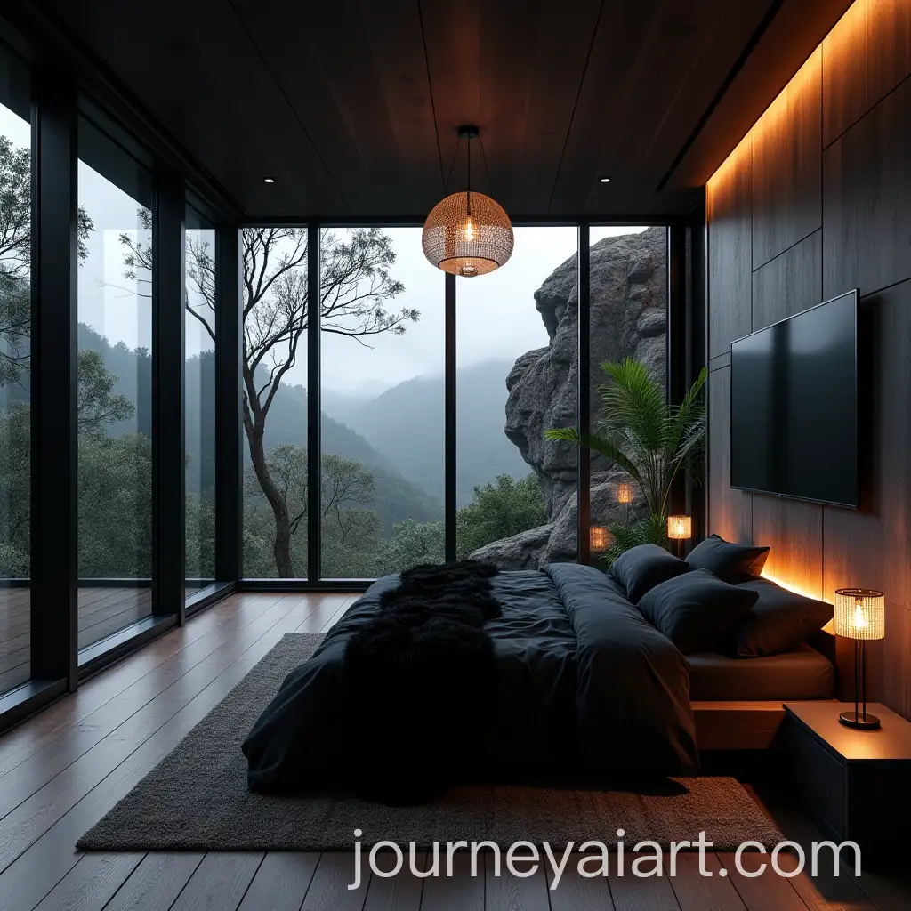 Modern-Black-Bedroom-Overlooking-Tropical-Forest-Rock-with-Chandelier-and-Fireplace
