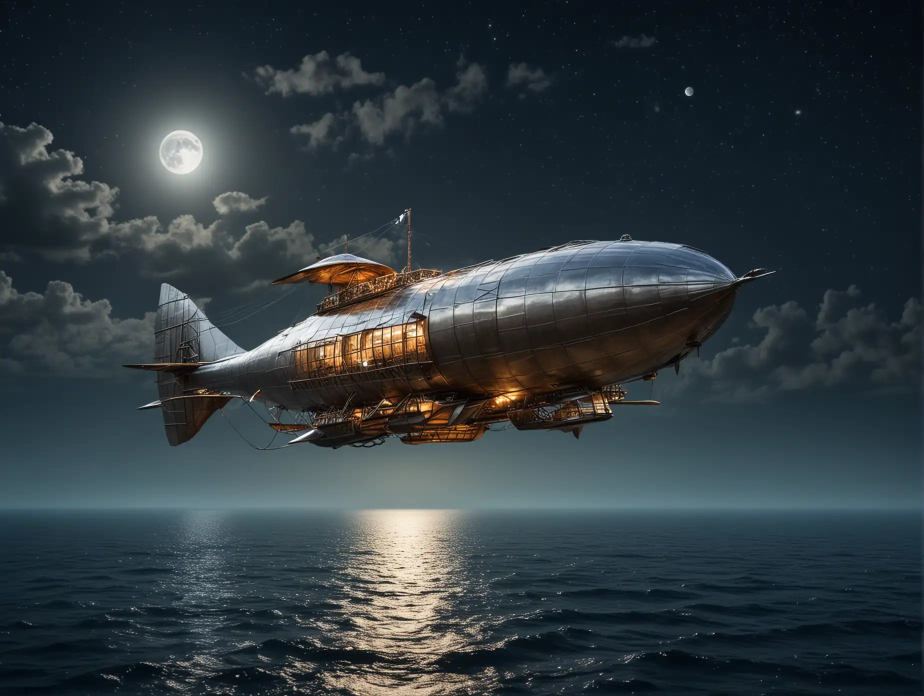 A very small, sleek, fabulous metal airship with an open upper deck flies over a tropical sea at night. The full moon shines in the sky. There is a large glass window in the nose.