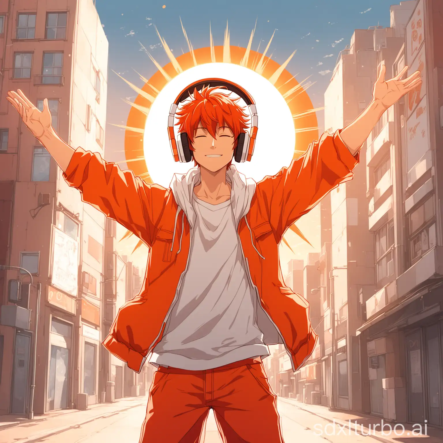 A character illustration with a red-orange and white color scheme, featuring a gentle anime man with headphones, arms open embracing the sun, and an urban romance style