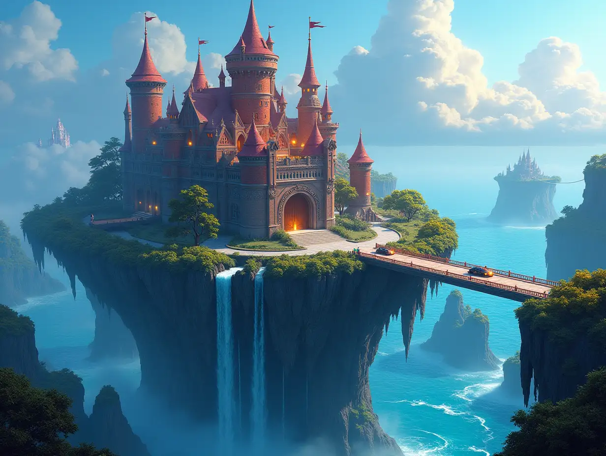 KI a Fantasy-style floating island world under the sea with very large waves, castle with red brick towers, beautiful illuminated streets, a suspension bridge with connections to the mainland, with glowing lanterns and futuristic cars, with glowing headlights, colorful trees, waterfall, clear sky without clouds, panoramic image