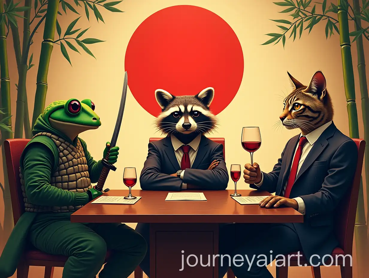 Frog-Samurai-Raccoon-Businessman-and-Cat-Executive-Enjoying-Wine-in-Bamboo-Grove