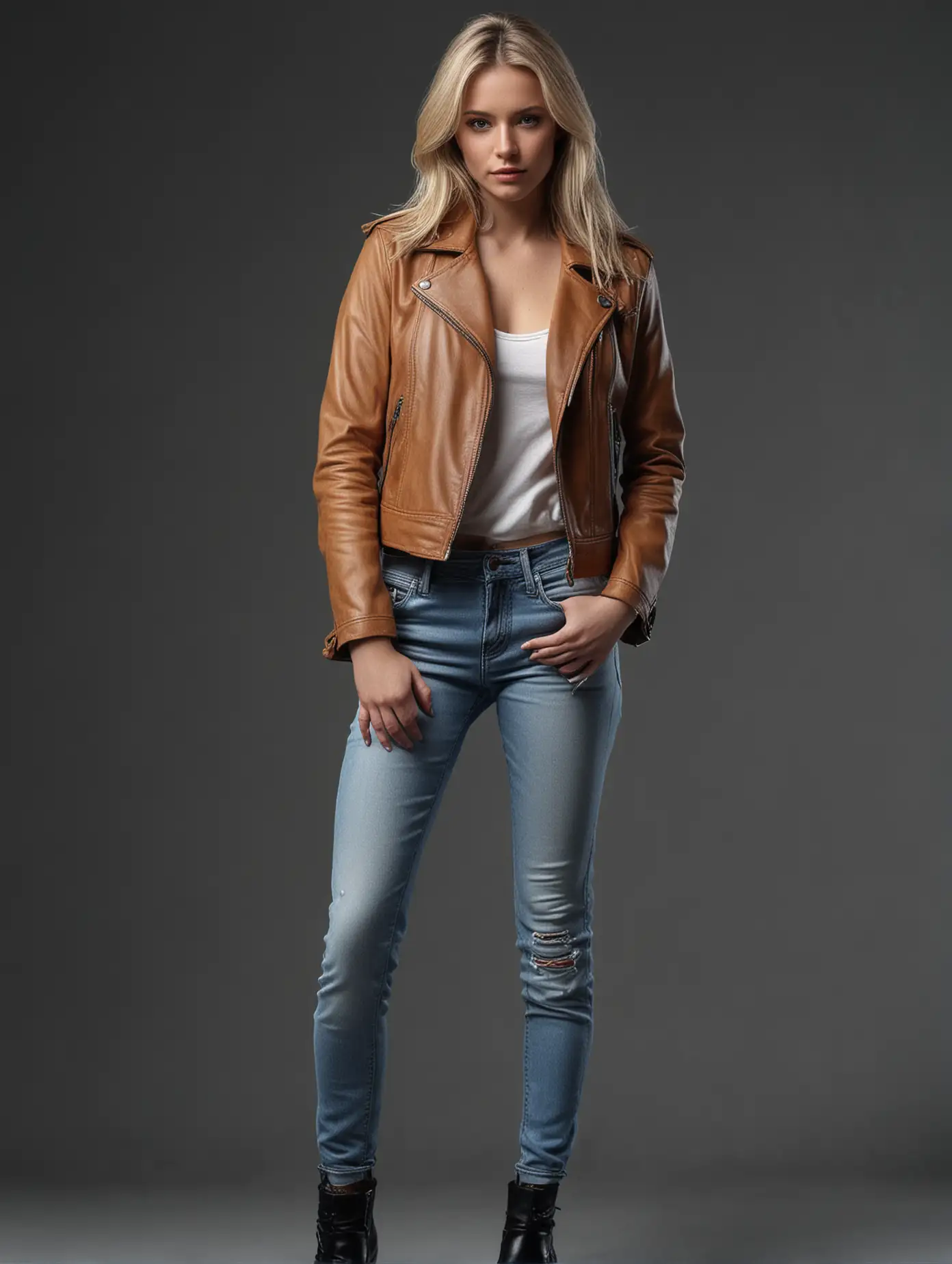 full body shoot, long blonde, face with sharp edges, serious, brown leather jacket, white shirt, blue jeans, (empty black background, bright room) , photo shoot, DSLR, 64K UHD, HDR, (masterpiece), intricate details, ((high quality )), very detailed, (cover: 1.5, hyper-realistic.