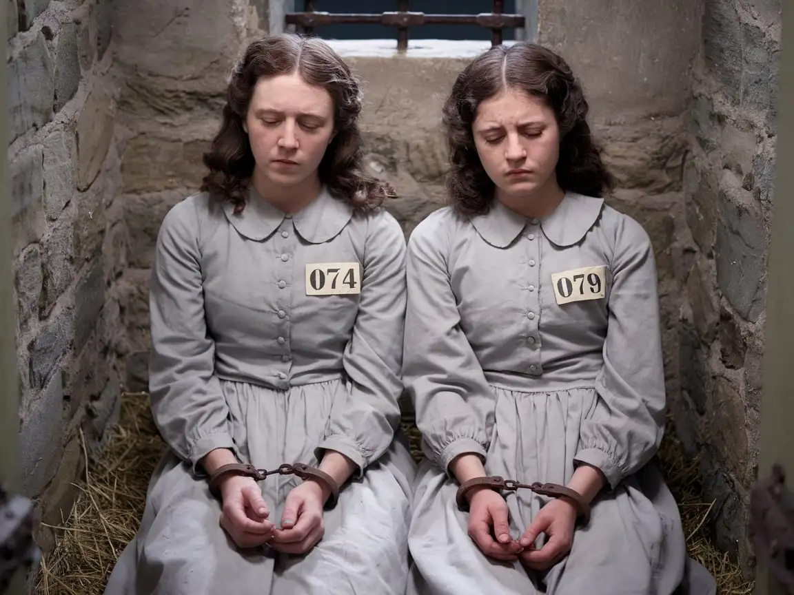 Two Young Women in 1800s English Prison Cell with Handcuffs