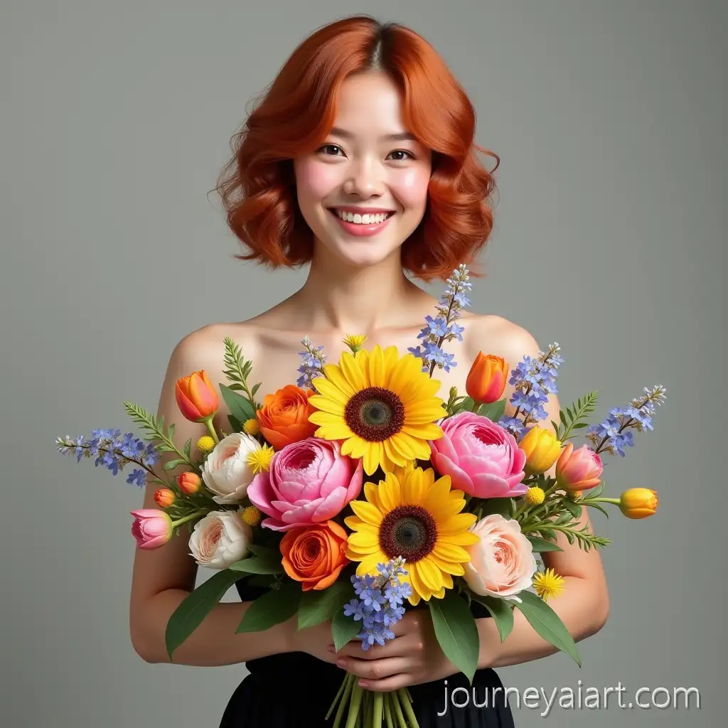 Smiling-Woman-with-Short-Red-Hair-Holding-Colorful-Flower-Bouquet-in-Elegant-Black-Dress