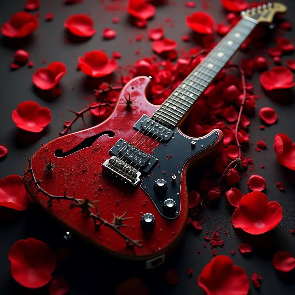 1. Text : Rose thornsn2. Background: electric guitar, rose petals, thorns