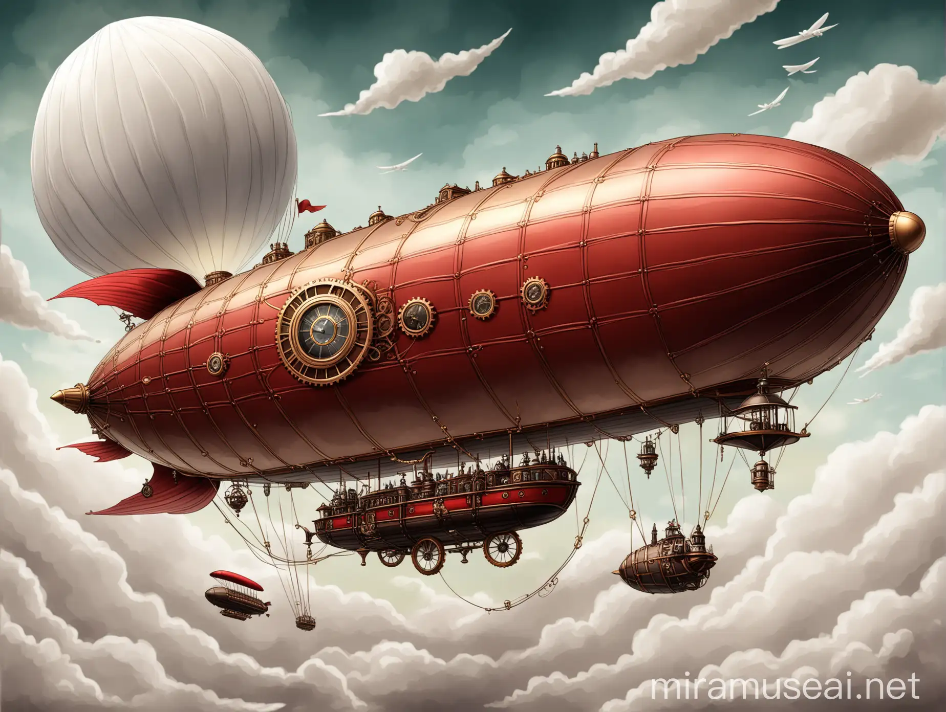 Steampunk White and Red Zeppelin Flying in the Sky