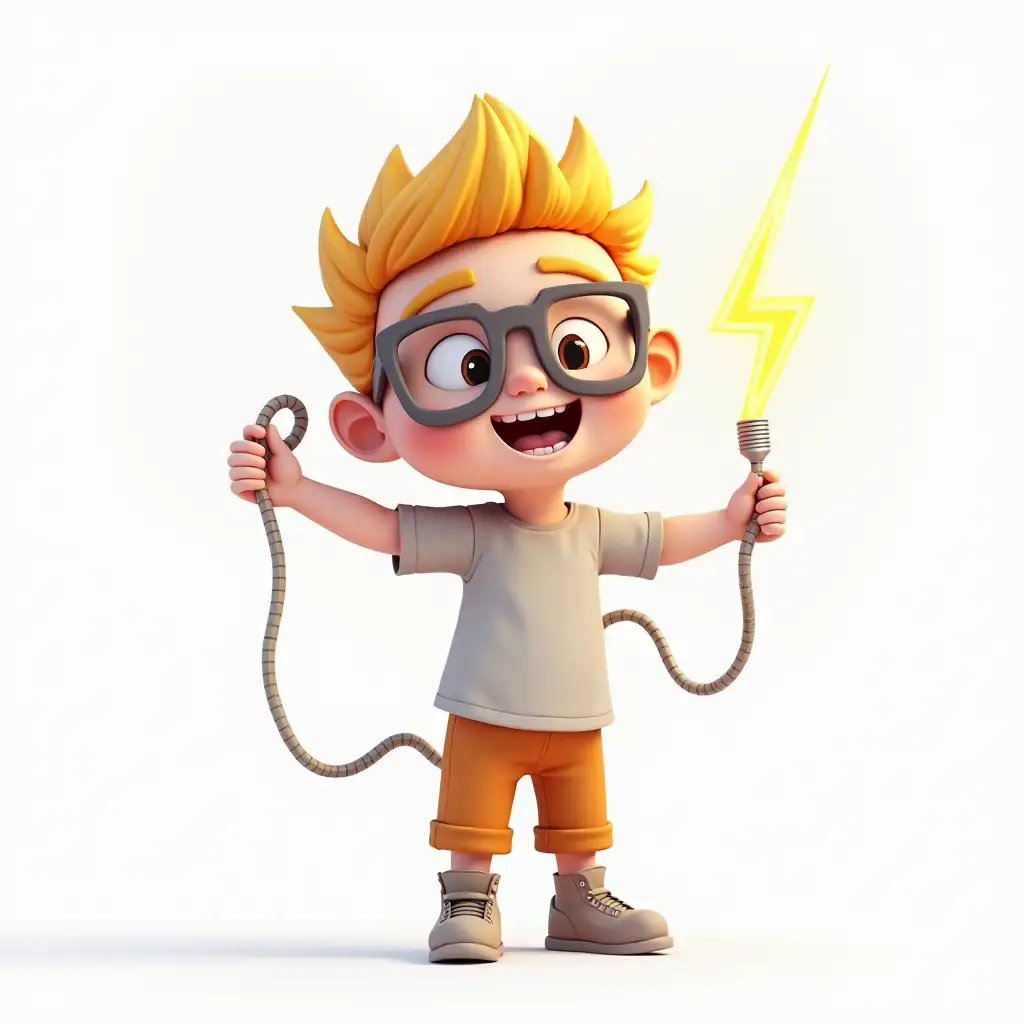 a 3-d child who is interested in electricity with a white background