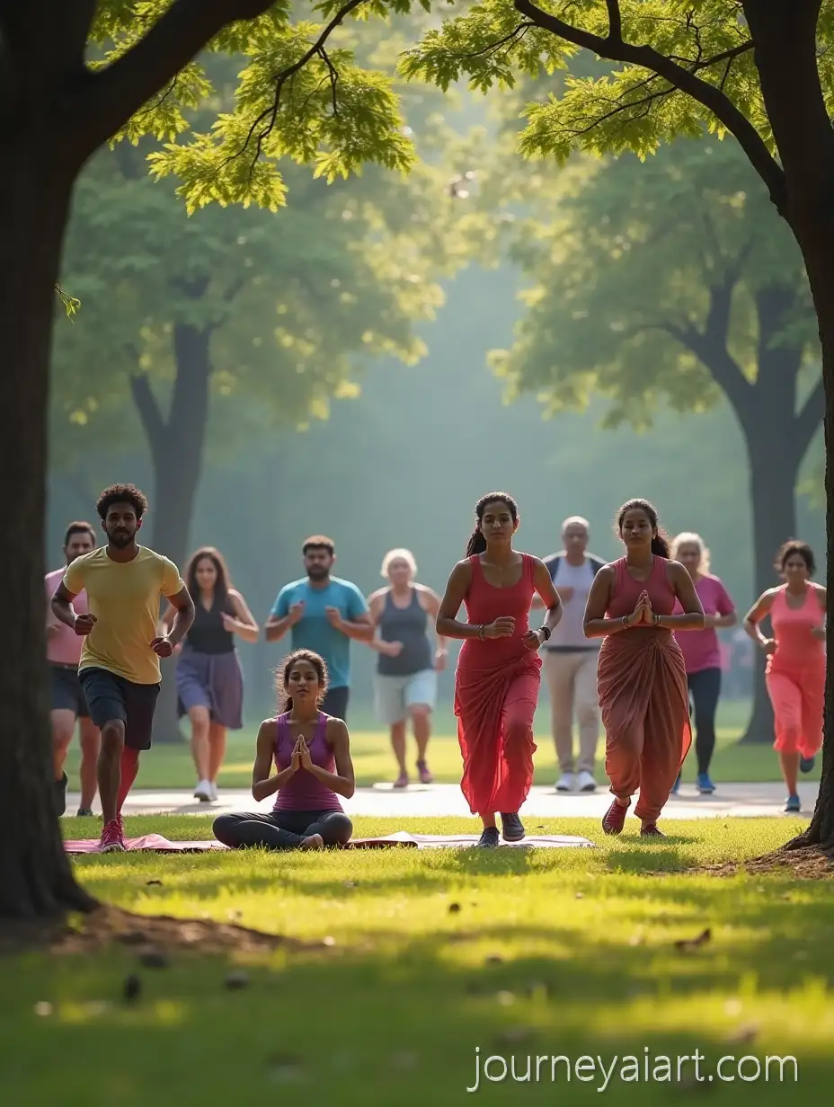 Diverse-Group-of-Indian-People-Engaging-in-Morning-Fitness-Activities-in-a-Park