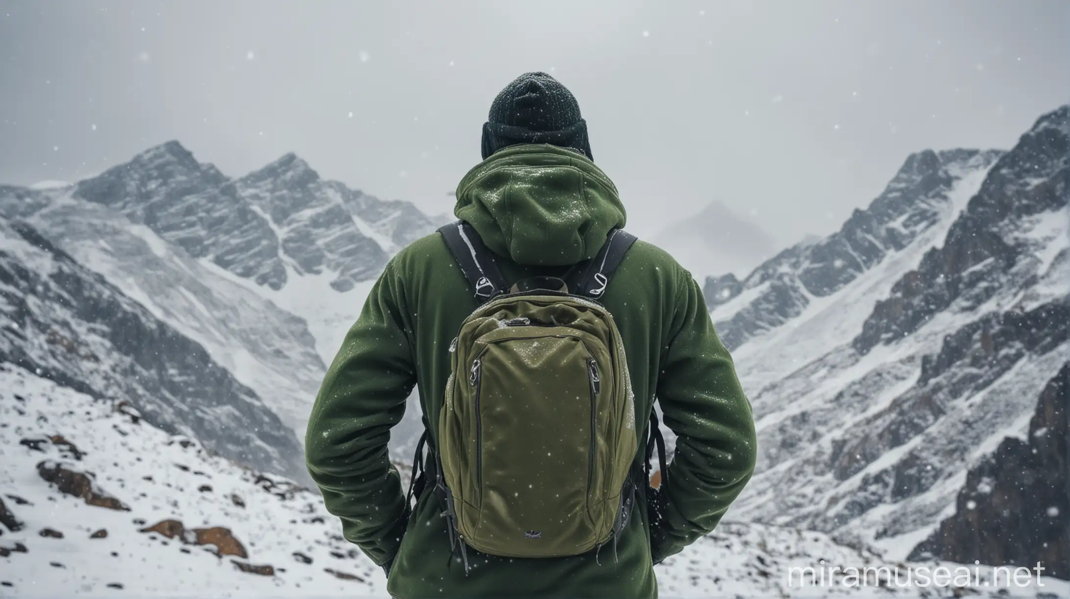 Mysterious Man in Green Sweater with Adventurers Backpack in Snowy Mountain Environment