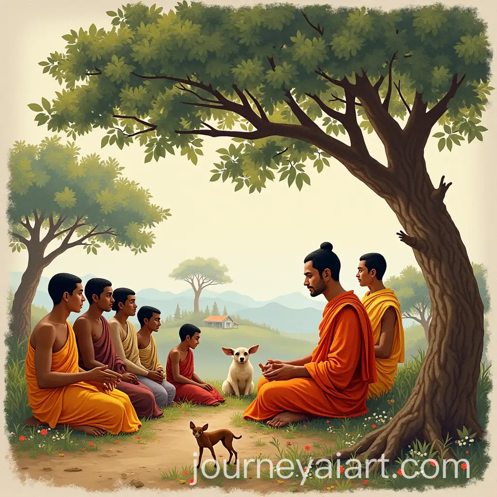 Buddha-Engaging-with-People-and-Animals-Beneath-a-Tree-in-a-Traditional-Village-Setting