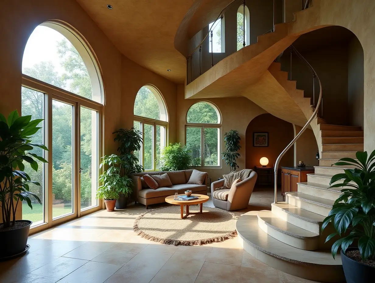 crooked house interiors  Bepflanzung-with Stuck in Form of plant decoration, large windows with glass closed, curved, smooth window shapes, winding big entrance staircase from marble Complex curved roof with dike,Laternen,Bank,and a woman