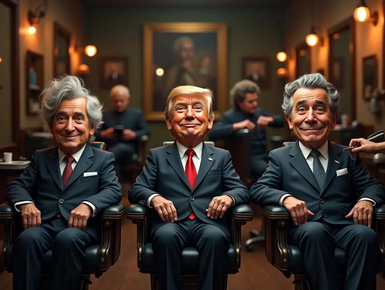 Three world presidents sitting in a busy hair salon, each in a barber's chair with amusing facial expressions. One president gets his hair washed, another has curlers in, and the third is getting a shave. Hyper-realistic, ultra-detailed scene, salon tools in sharp focus, 16K resolution.