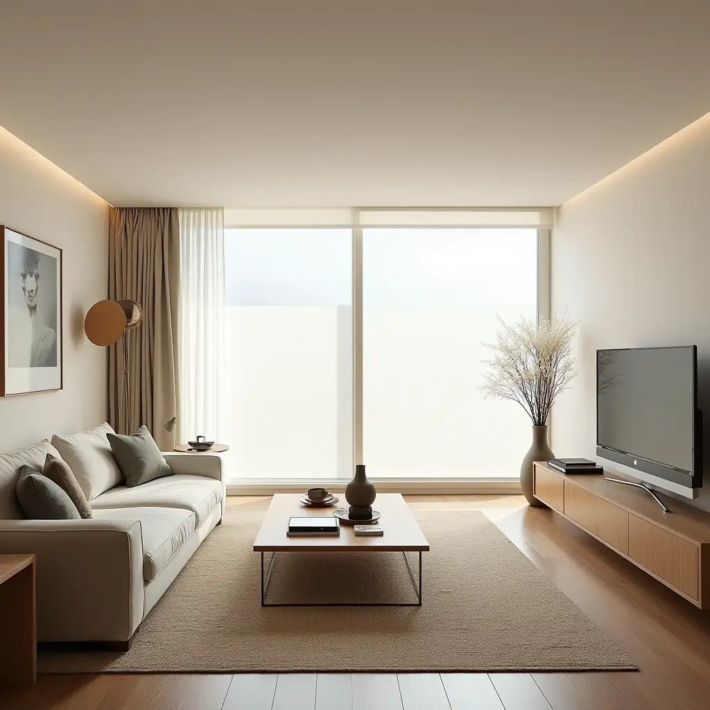 A sophisticated Japandi-style living room that blends Japanese minimalism with Scandinavian functionality. The space is filled with light from a large, floor-to-ceiling window, which is dressed with subtle roll-up blinds for a soft and serene effect. The room’s décor features neutral colors, sleek wooden furniture, and minimalist accents, creating a calm and balanced atmosphere.