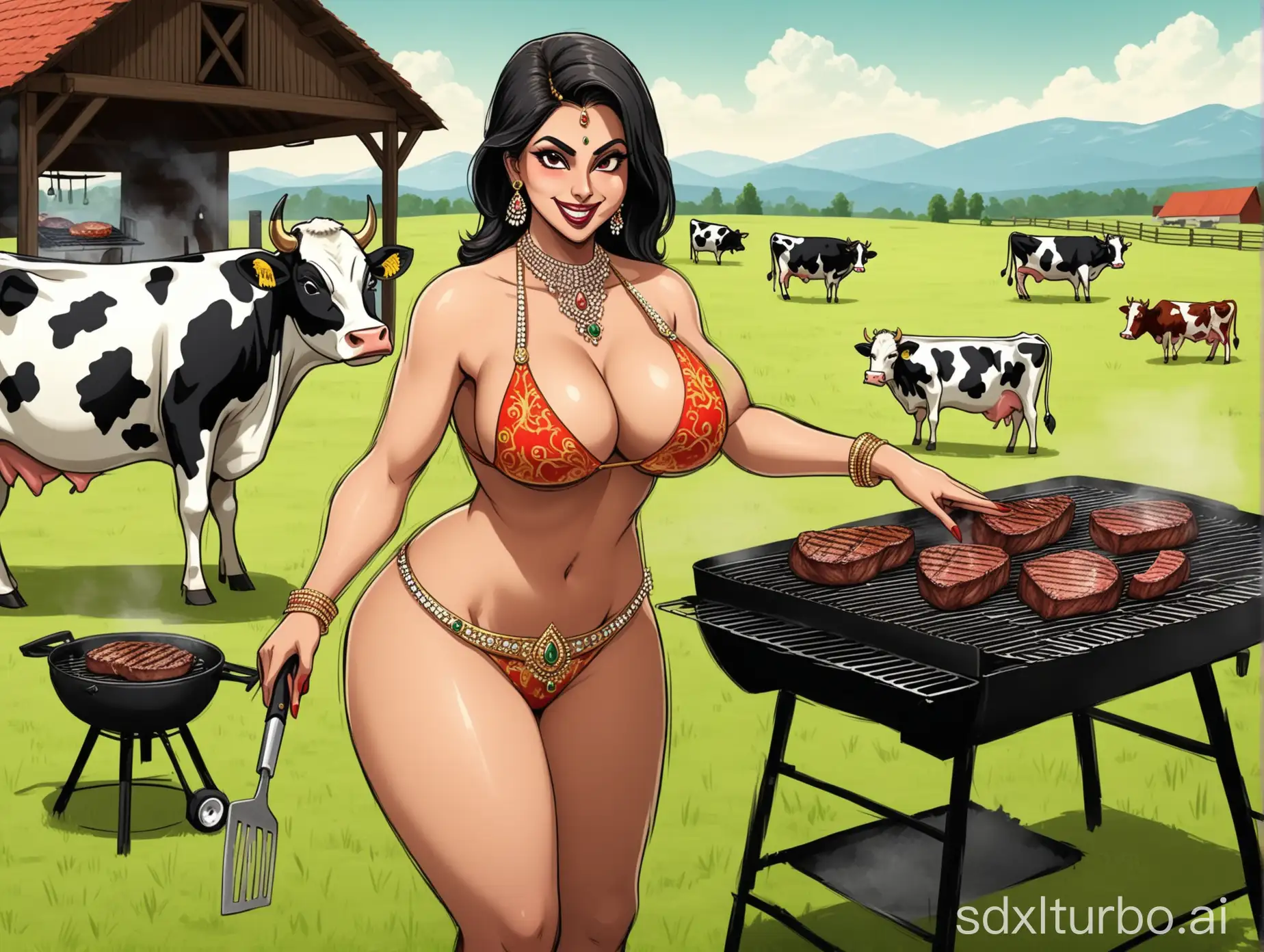 Indian-Woman-Cooking-Steak-on-Farm-with-Cows-Grazing