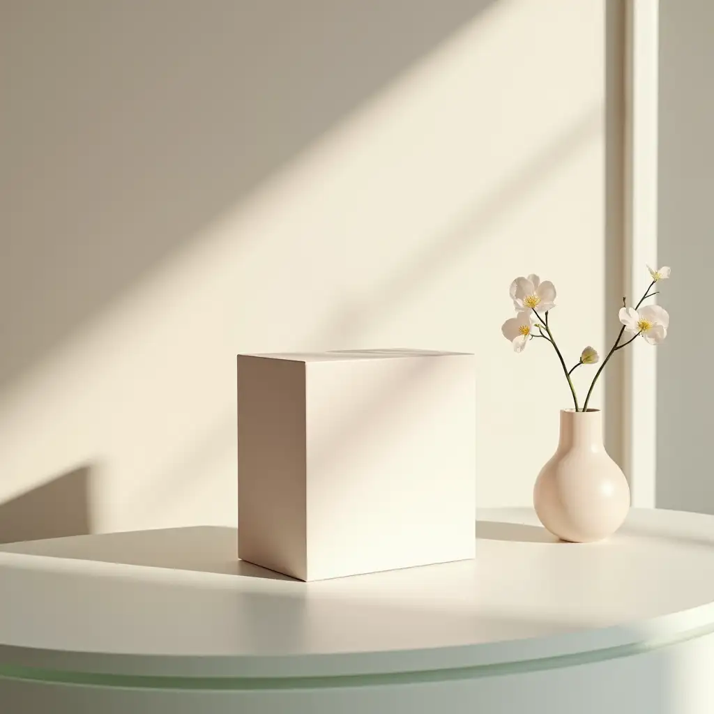 Minimalist-Modern-Scene-with-HighEnd-Packaging-Box-and-Flower-Vase