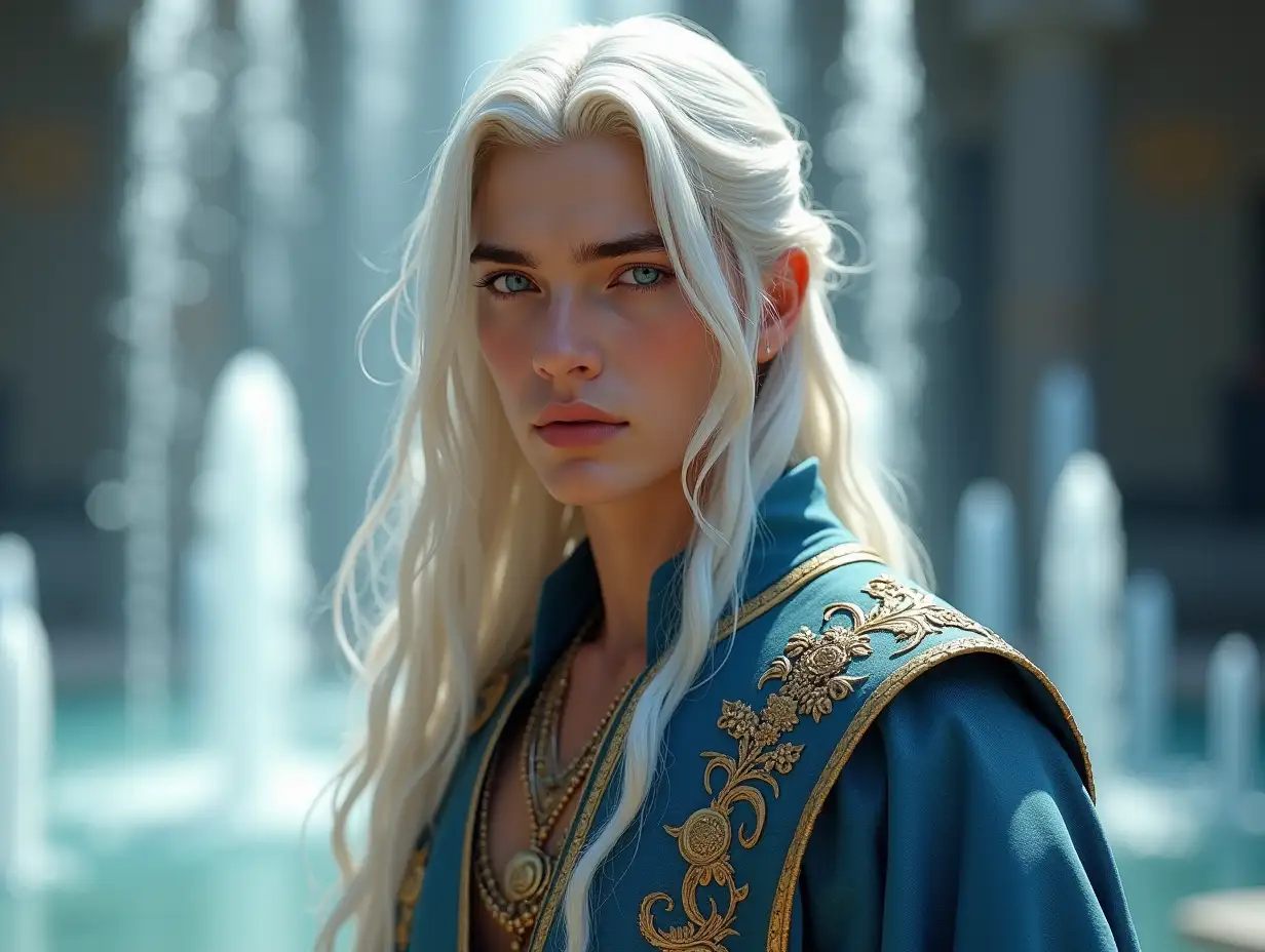 A handsome young man with long white hair, 22 yo, striking blue eyes, wearing an elegant blue and gold tunic with unique intricate carvings, standing in front of a shimmering crystal fountain background, his face calm and serene, highly detailed, photorealistic, 8k resolution, soft lighting, cinematic composition --v 5 --q 2 --ar 9:16