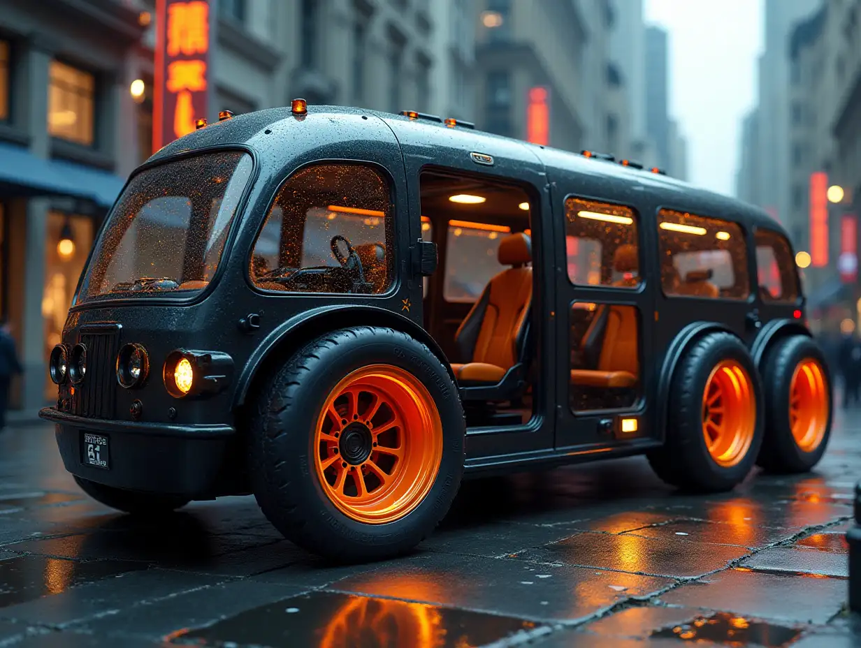 Supermodern utopian sport bus with gears, lowered body, 18-inch rims, aluminum wheels, black and orange leather steering wheel, Cyberpunk.