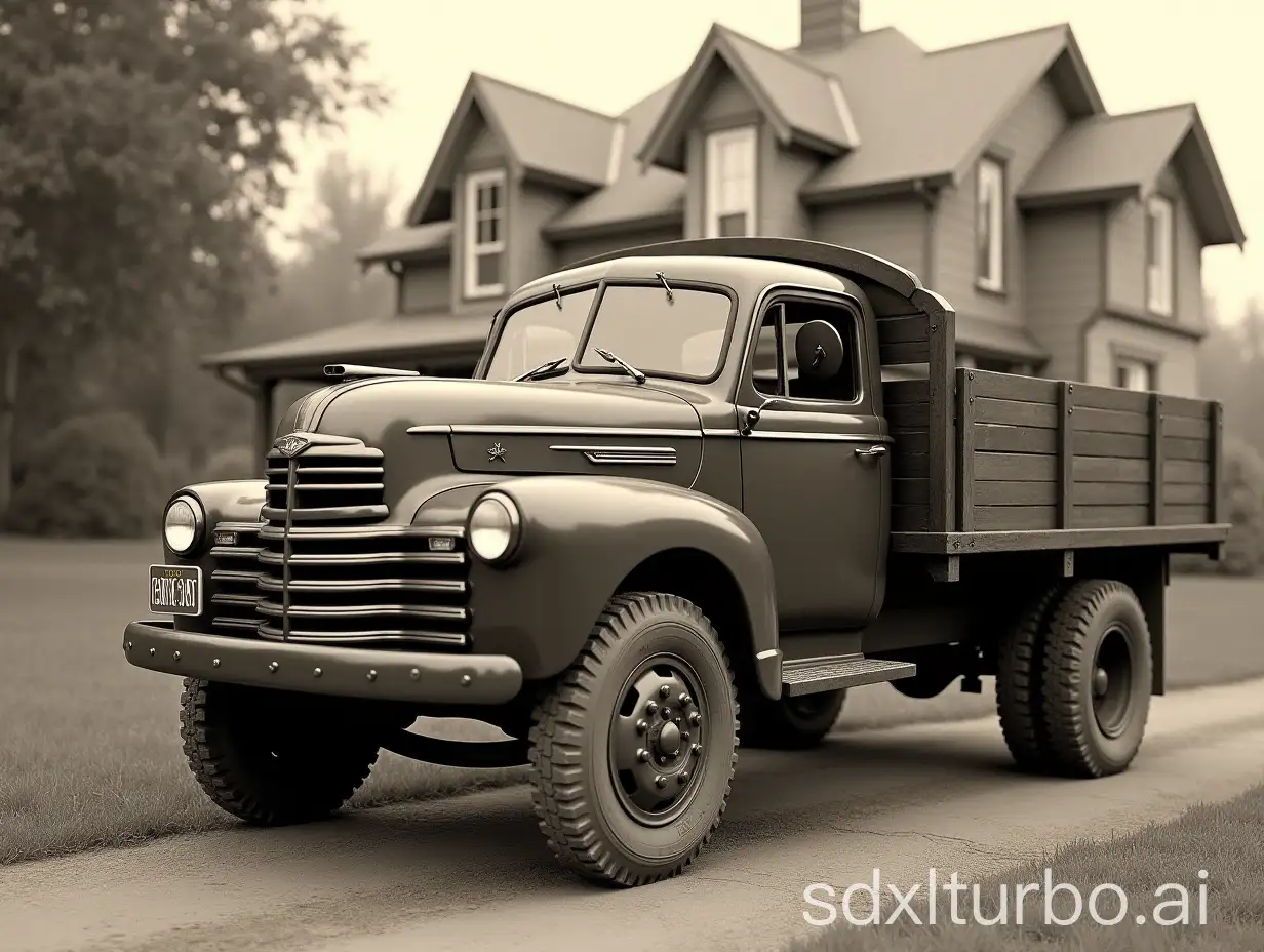 1942-Canadian-Chevrolet-C8A-Truck-3D-Model-in-Front-of-Vintage-House-in-Sepia