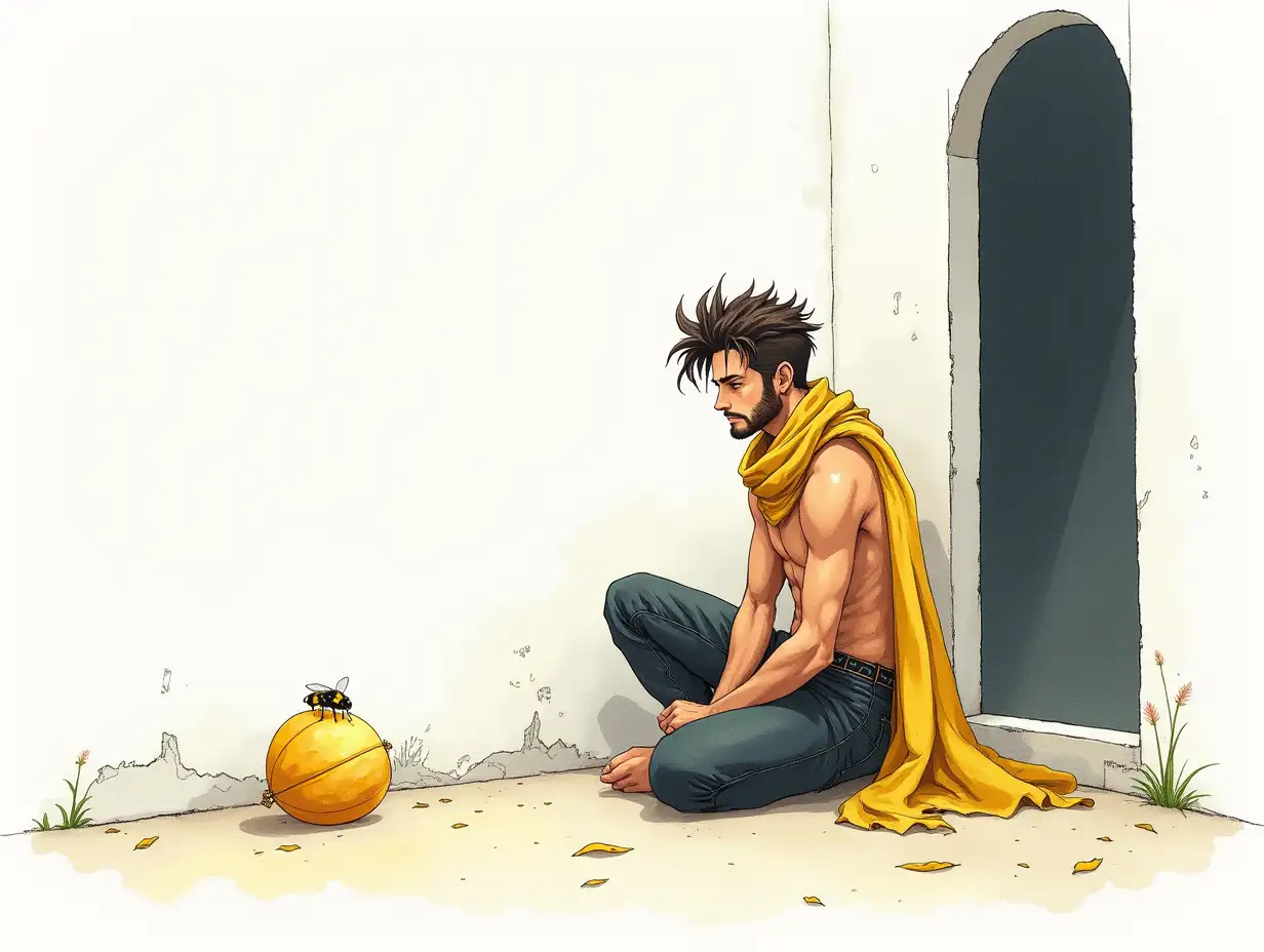 A anime influenced watercolor, with no empty white spaces, very colorful, featuring a handsome tanned man on his knees, spiked hair and stubble, flowing yellow brocade scarf. On a white wall is a chalk outline of a doorway. In a dark corner a small yellow leaf sits with a tiny bee on top of it.