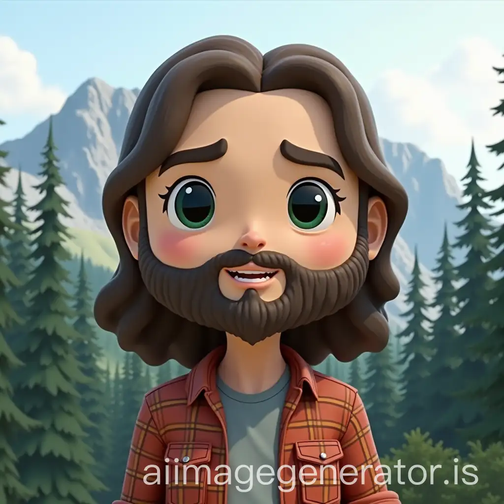 A pop figure male character with a beard, long hair, green eyes and a checked shirt with a background of a mountain full of trees