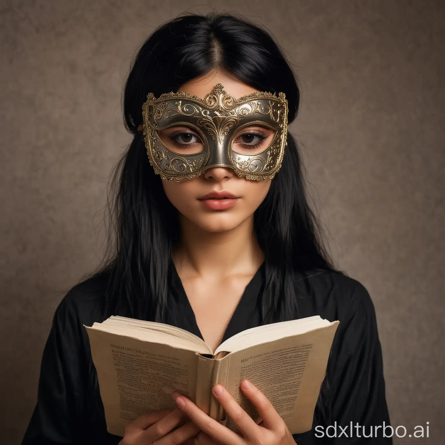 persian black hair young woman with a masquerade mask covering her face reading a philosophy book