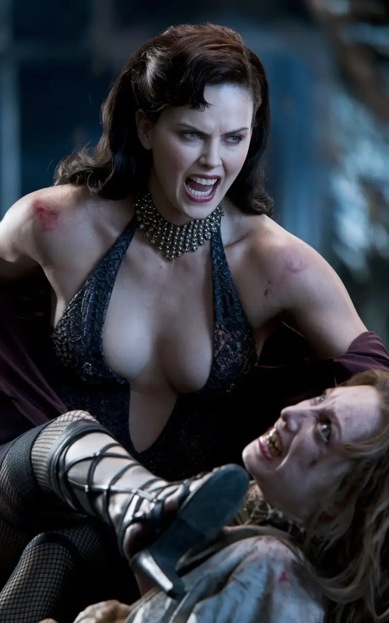 Charlize-Theron-as-a-Vampire-Attacking-Victim-with-Angry-Expression-and-HighHeeled-Sandals