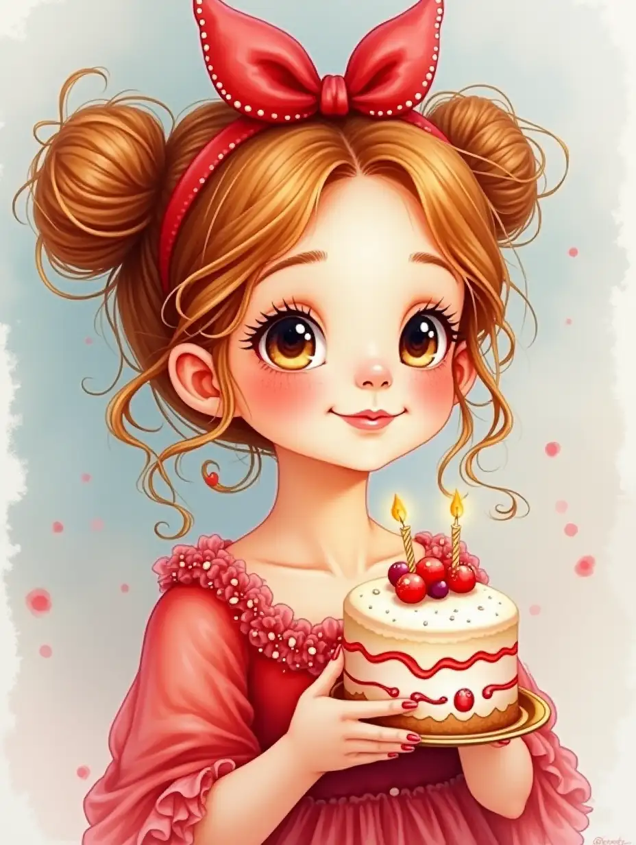 photo-realistic airy realistic watercolor, photorealism, wide strokes, tender sweet little girl macro portrait of European appearance DreamWorks reddish curls collected in careless buns, drawing eyelashes, playfully looking up, rosy cheeks freckles, big red on the headbow, dressed in a red fluffy airy dress with sequins, complex angle.holding a cake with candles, watercolor, ink, beautiful, 4k, high detail