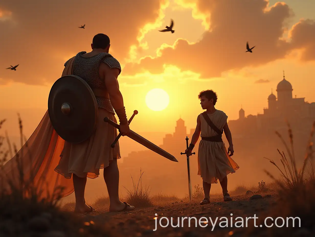 David-and-Goliath-Epic-Battle-on-a-Barren-Battlefield-at-Sunset