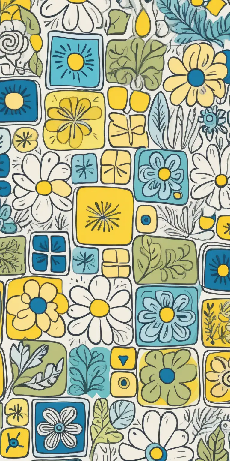 Colorful Floral Doodle Pattern with Squares in Yellow Blue and Green