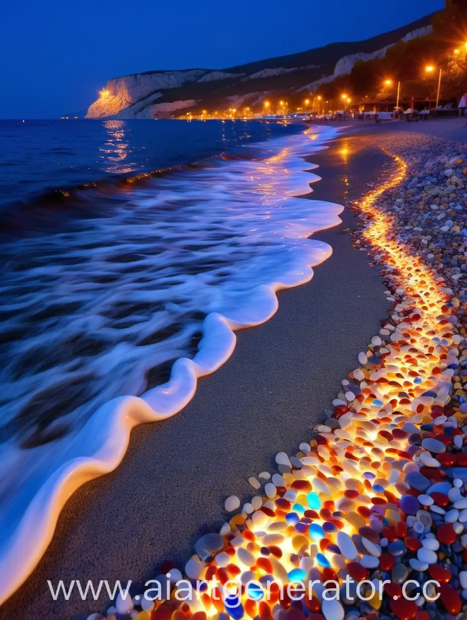 Night-Beach-Scene-in-Crimea-with-Glowing-MultiColored-Pebbles