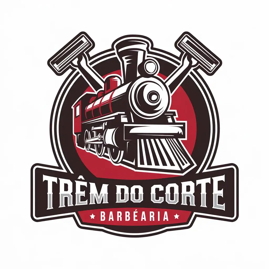 LOGO Design for Trem do Corte Barbearia Train and Razor in Red White and Black