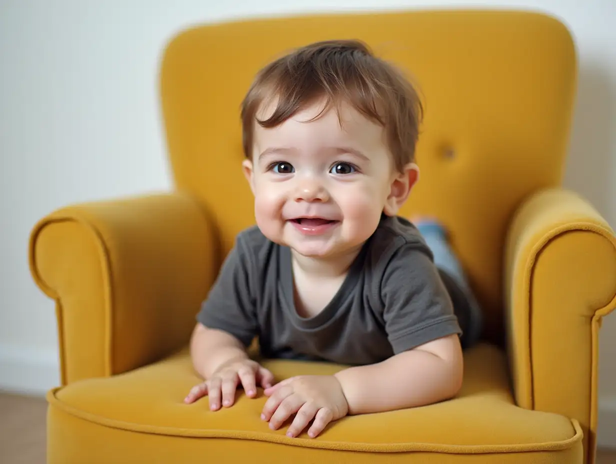 Adorable young boy crawling in a big chair