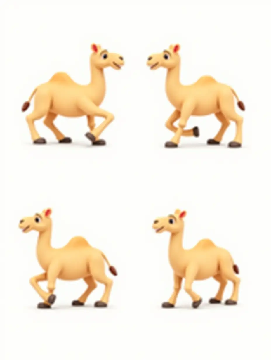 2D cartoon loop animation of 4 image's a camel walking in a circle, moving its legs smoothly while slightly moving its head to the left and right. The animation consists of four consistent frames showing natural movement. The image features bold black lines, vibrant colors, and a glossy finish. The background is white for easy editing and removal.