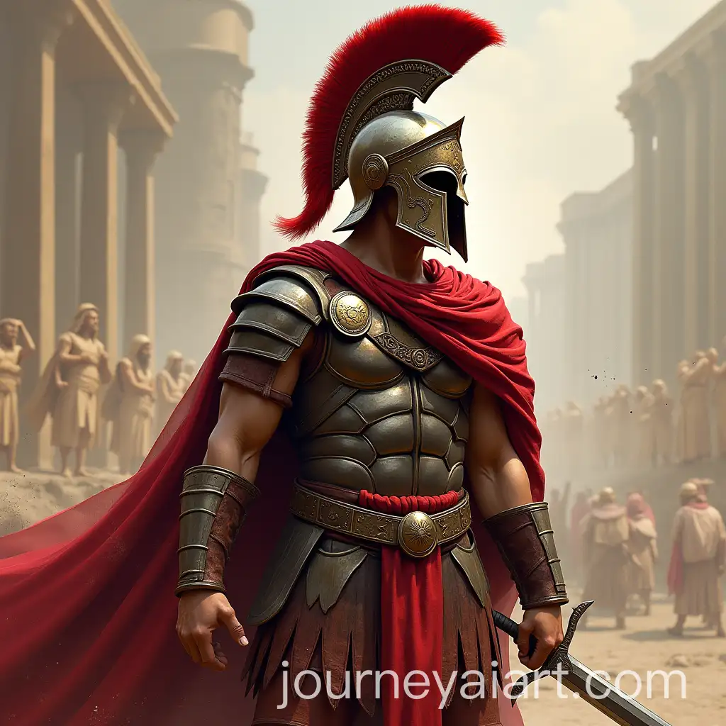 Spartan-Warrior-in-Corinthian-Helmet-with-Sword-and-Red-Cloak