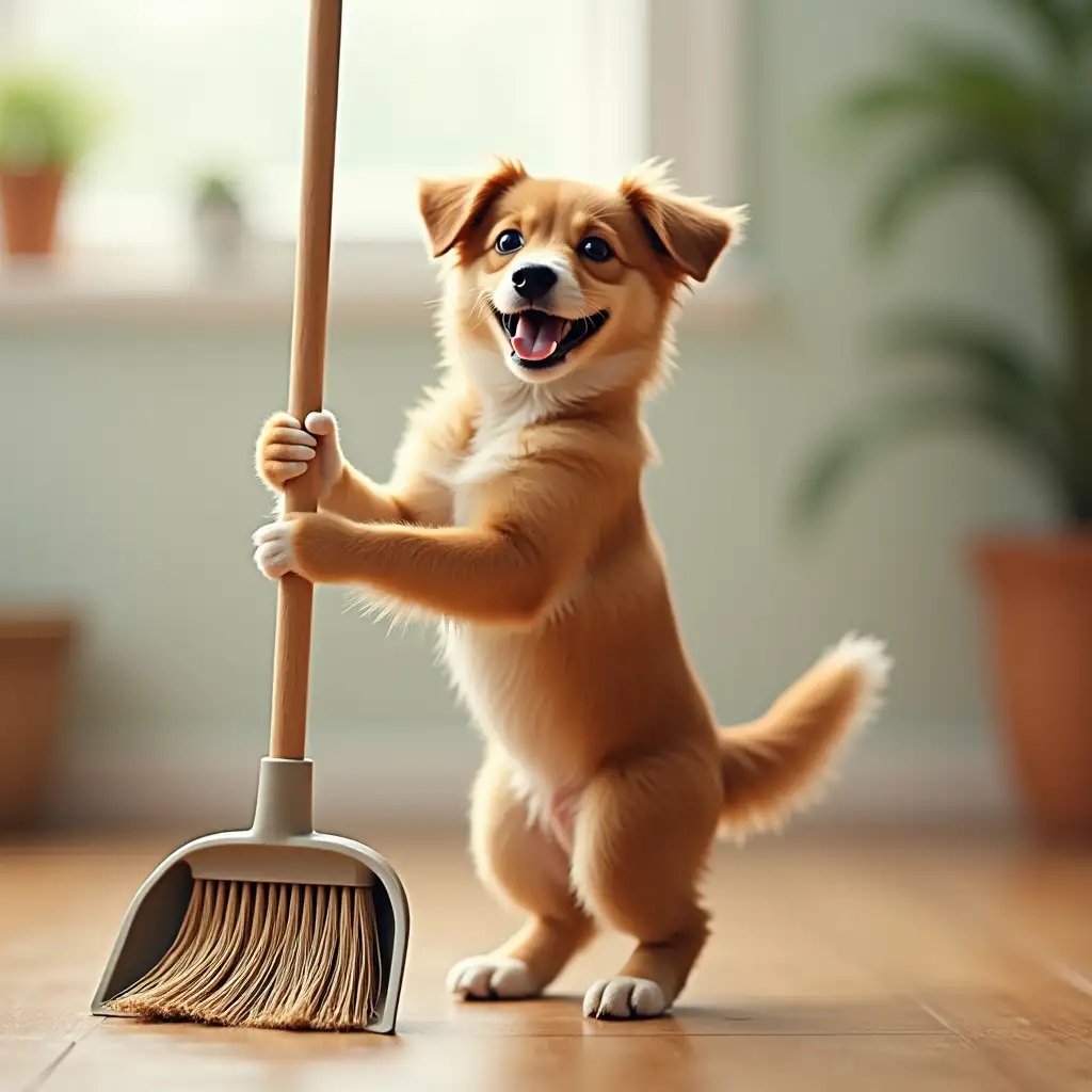 dog, stands on back paws, holds a broom and dustpan, cleaning fur from floor