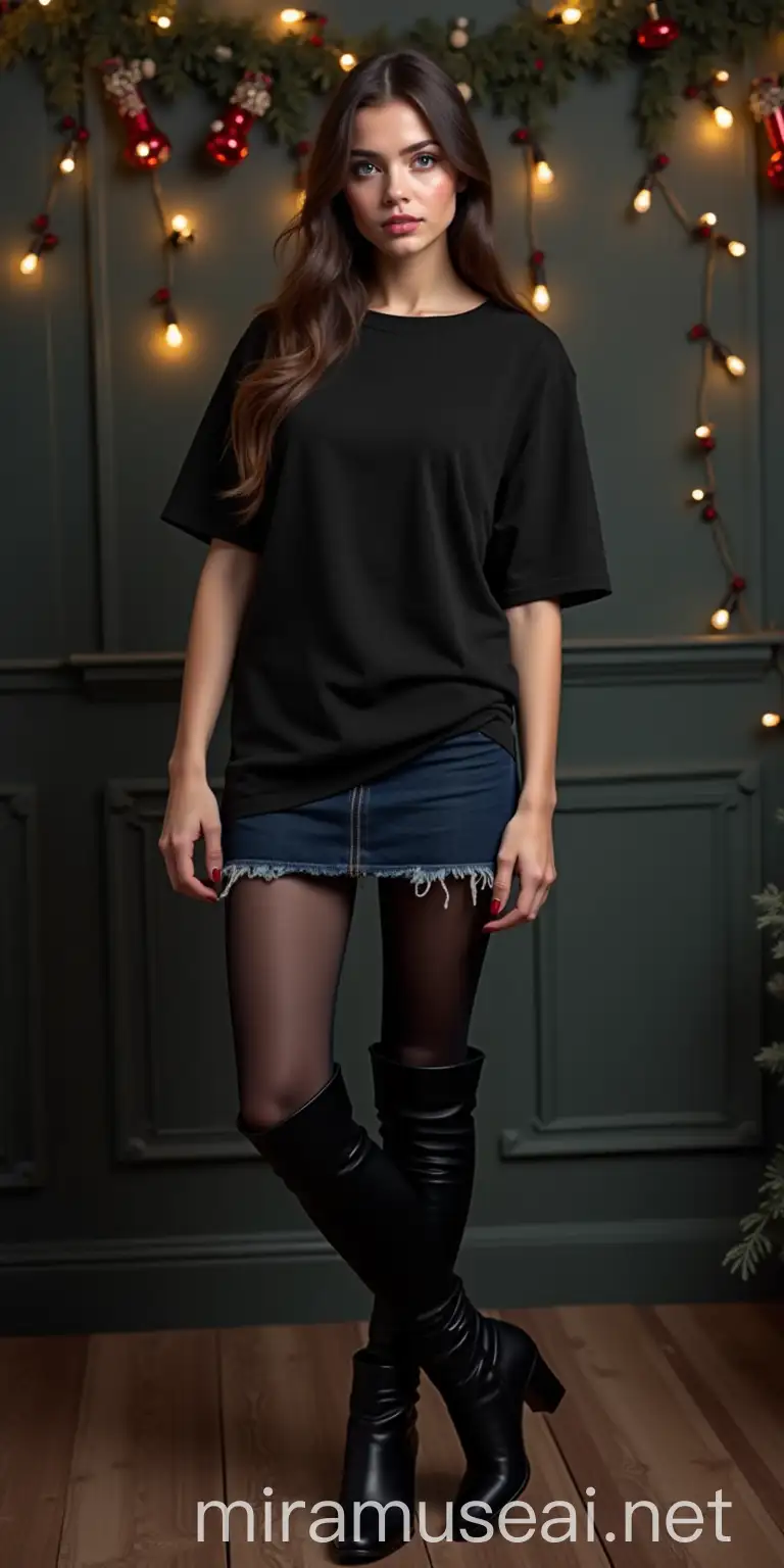 Goth Christmas Fashion Model in Black Tee with Jeans and KneeHigh Boots