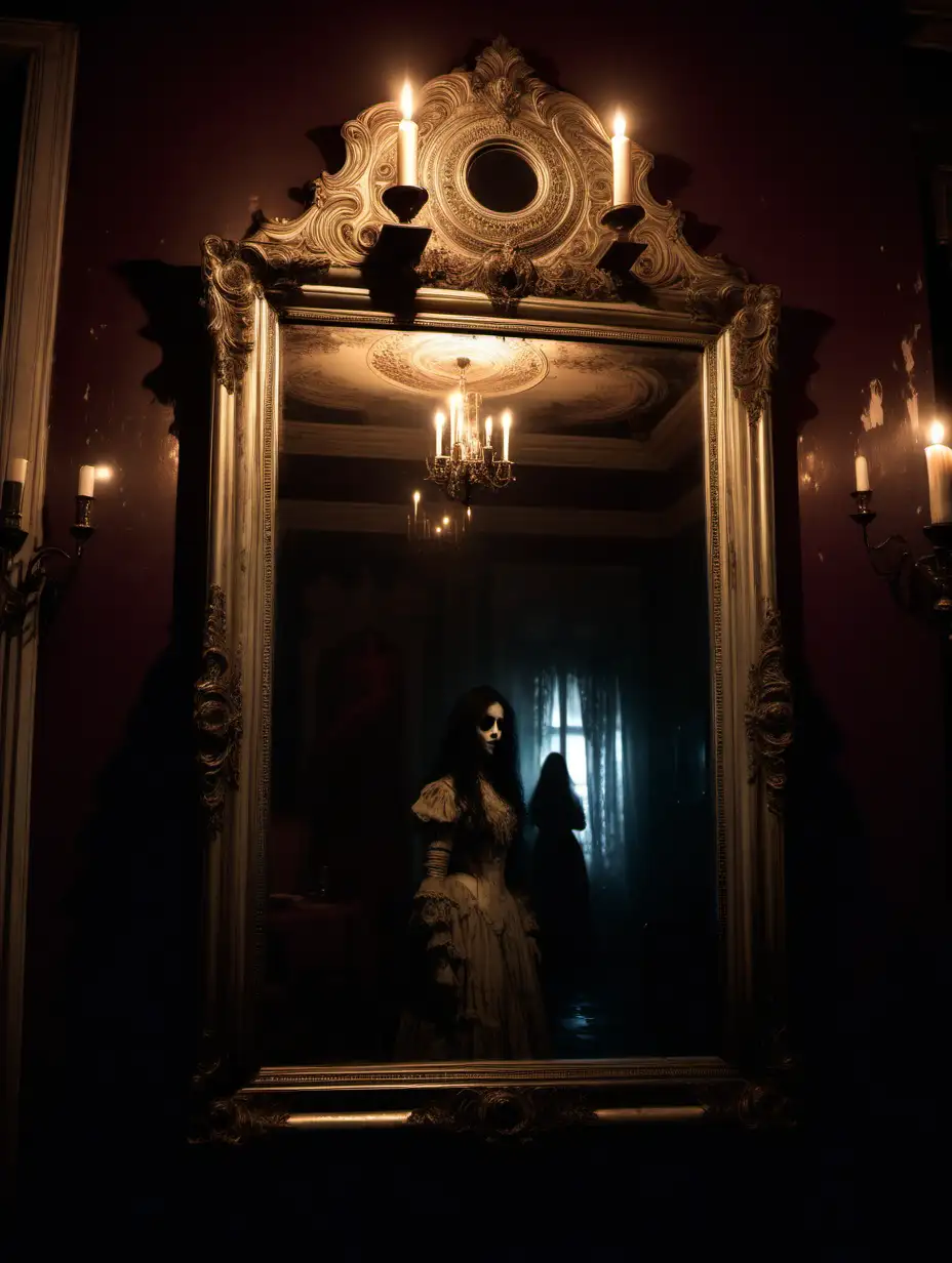 Ghostly-Female-Figure-Reflected-in-Haunted-Victorian-Mirror-with-Candlelight-in-Karachi-Palace