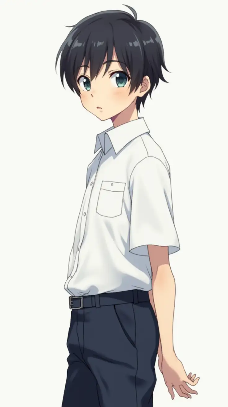 1 young male anime character, 23 years old, standing pose, short black hair, wearing japanese school uniform (white shirt, dark pants), anime style, high quality, clean lineart, vibrant colors, detailed anime face, full body shot, studio ghibli style, beautiful lighting